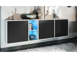 Cómoda Vladon Cuba - blanco mate/negro mate con LED - Aparador moderno para su salón - (AnxAlxPr) 182x53x35 cm