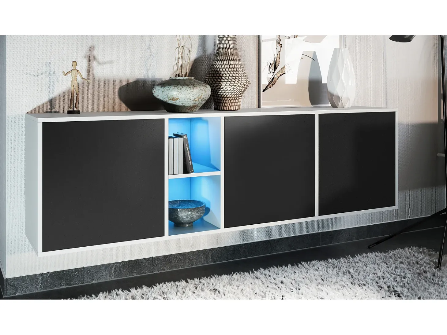 Cómoda Vladon Cuba - blanco mate/negro mate con LED - Aparador moderno para su salón - (AnxAlxPr) 182x53x35 cm
