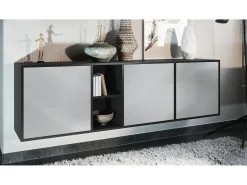 Cómoda Vladon Cuba - negro mate/gris claro satinado - Aparador moderno para su salón - (AnxAlxPr) 182x53x35 cm