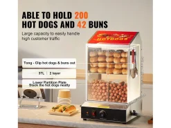 Cocedora de Vapor SucceBuy para Hot Dogs Comerciales, Calentador Eléctrico de Panecillos de 2 Niveles con Puertas Corredizas, 37 L