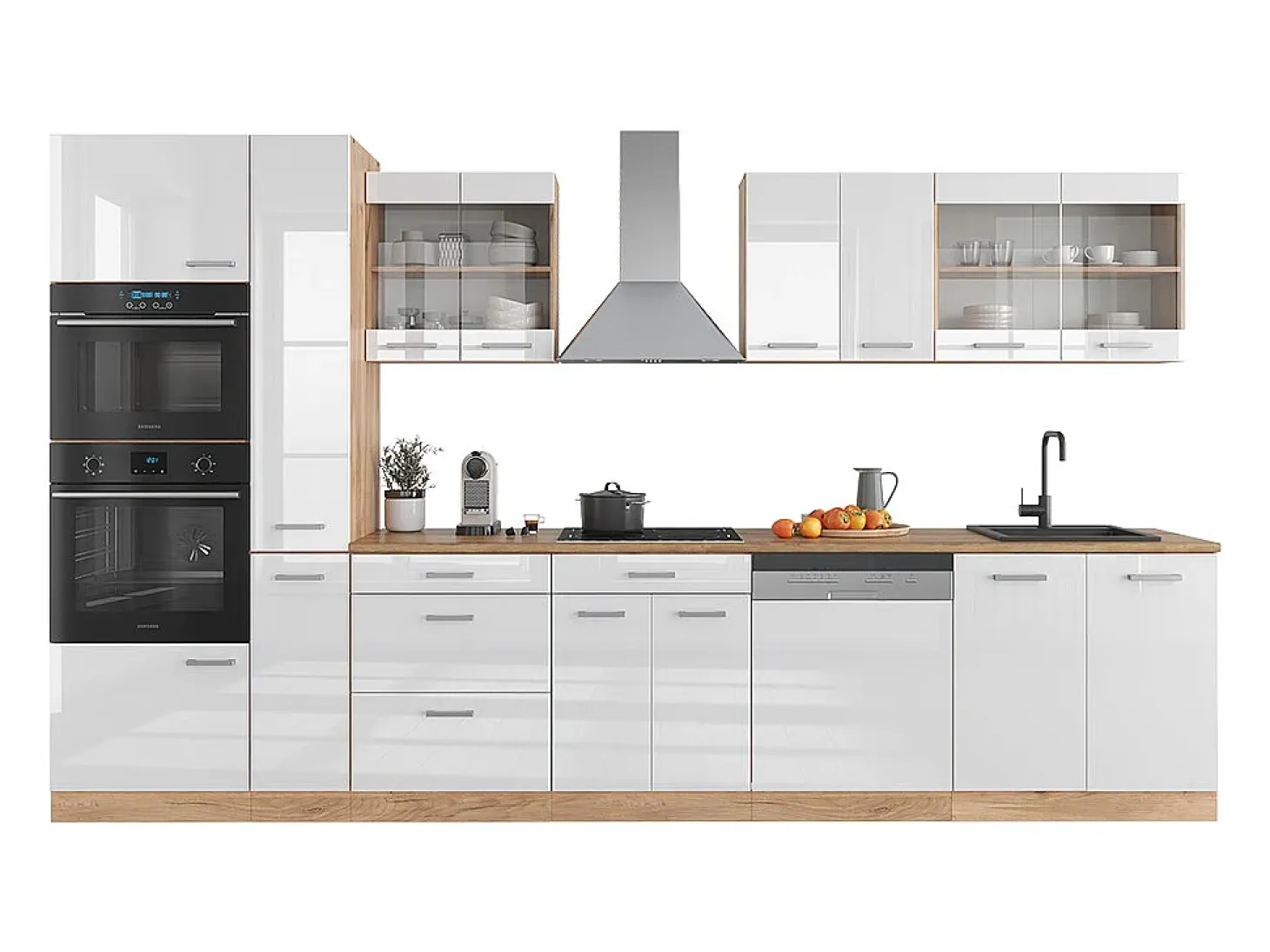 Cocina americana blanco brillo intenso/roble dorado 350x60x81.6 r-line