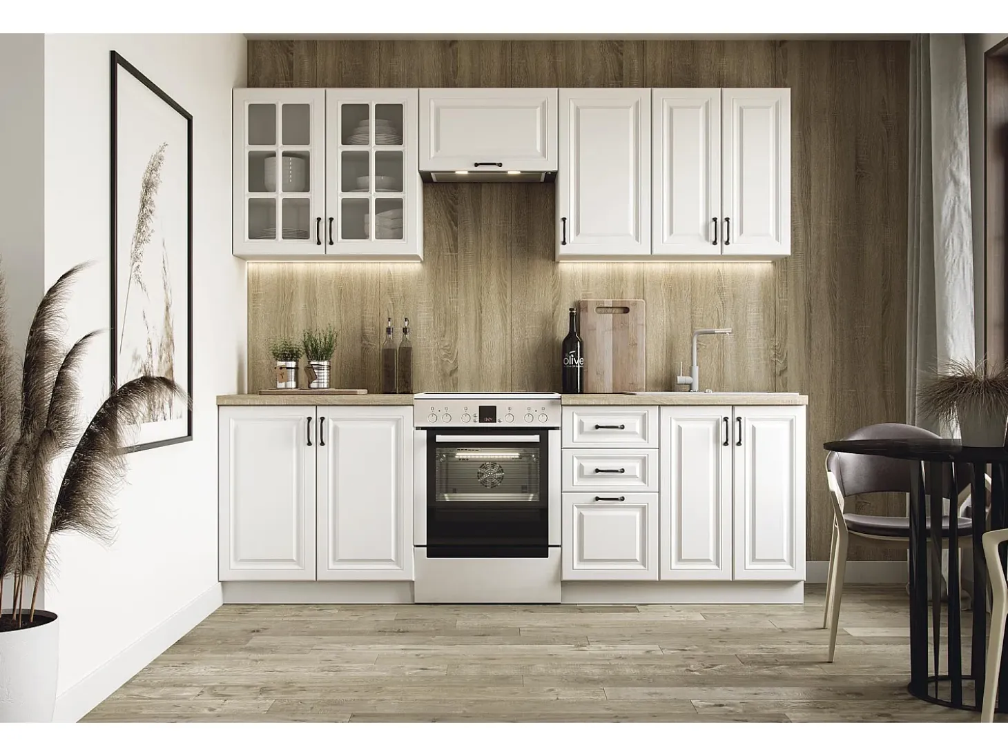 Cocina blanca mate con encimera de roble Sonoma CORVUS