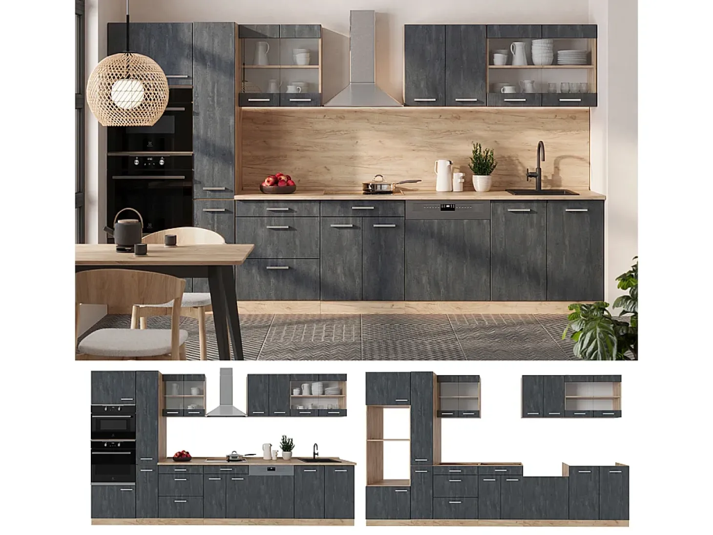 Cocina completa hormigón negro/roble dorado 350x60x81.6 r-line