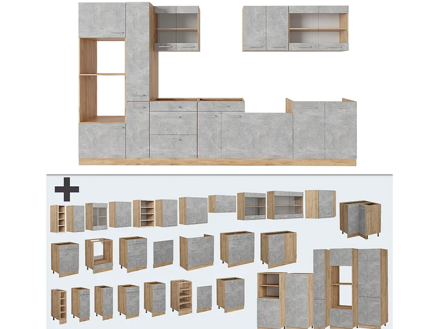 Cocina completa hormigón/roble dorado 350x60x81.6 r-line