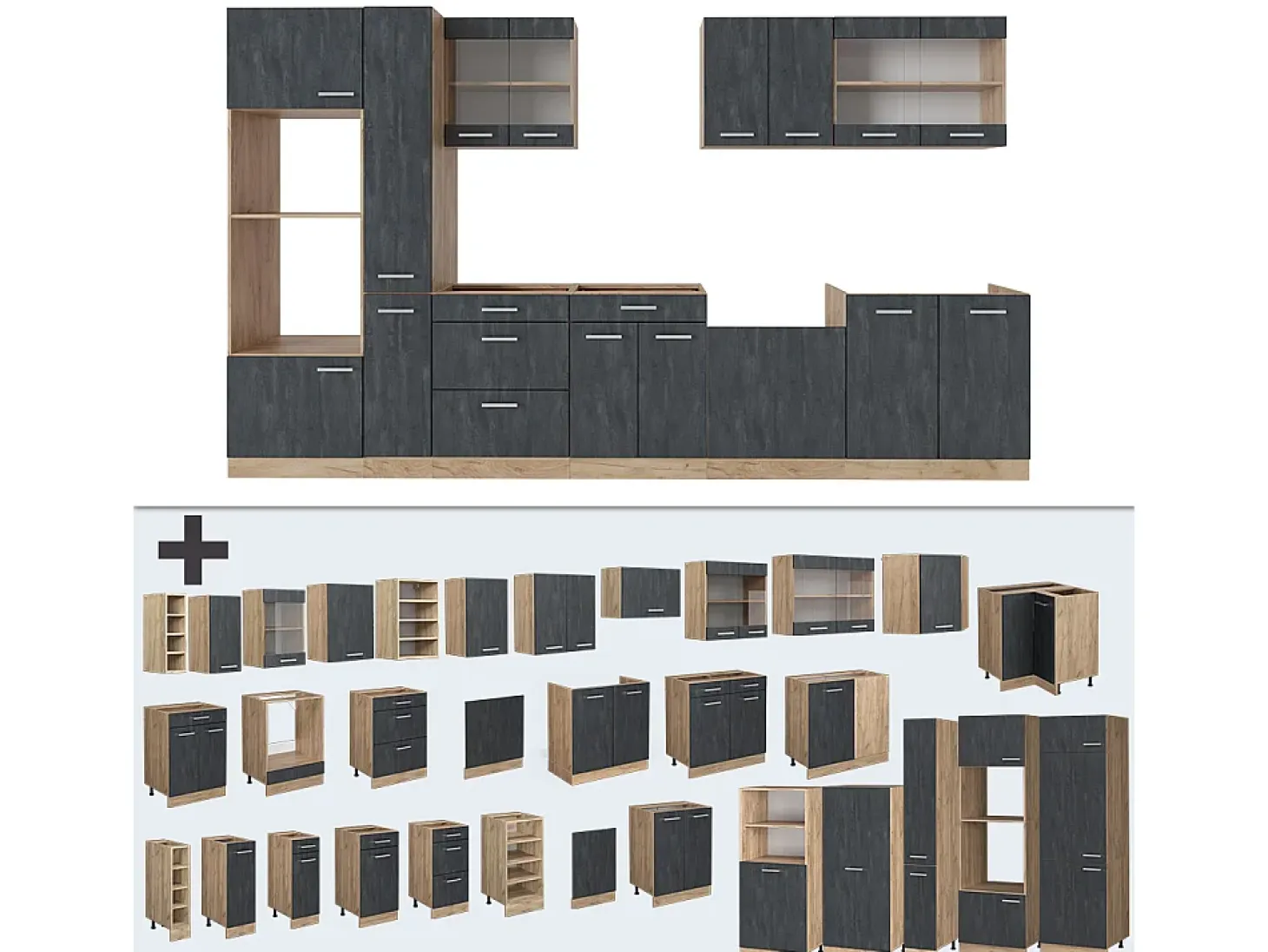 Cocina completa hormigón negro/roble dorado 350x60x81.6 r-line