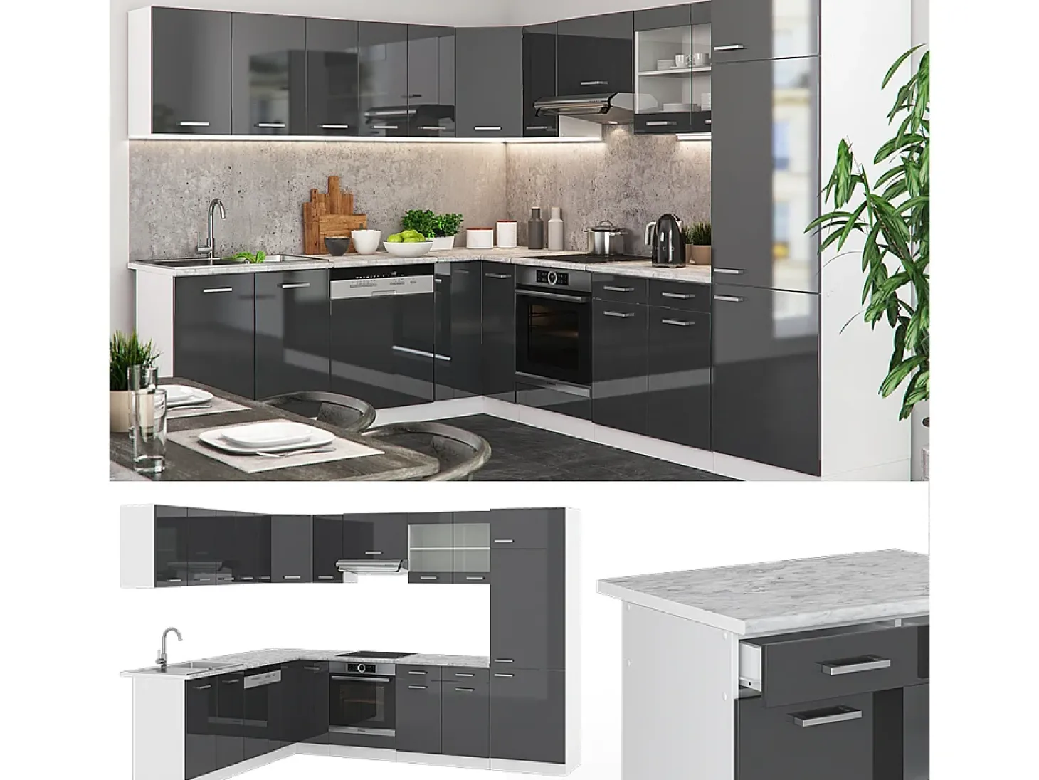 Cocina esquinera antracita brillo intenso/blanco 287x46x81.6 r-line