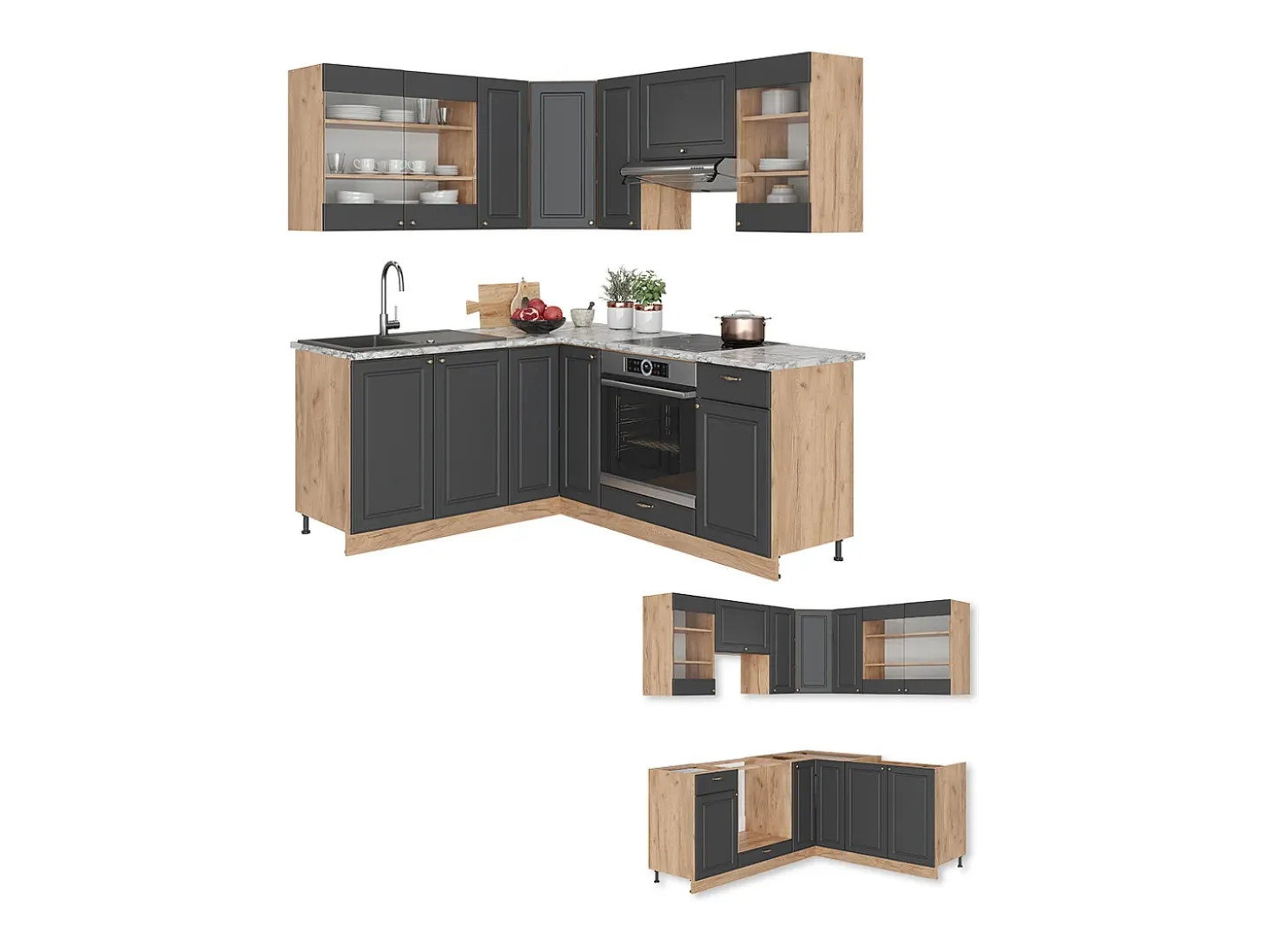 Cocina esquinera antracita casa de campo/roble kraft dorado 190x60x81.6 fame-line