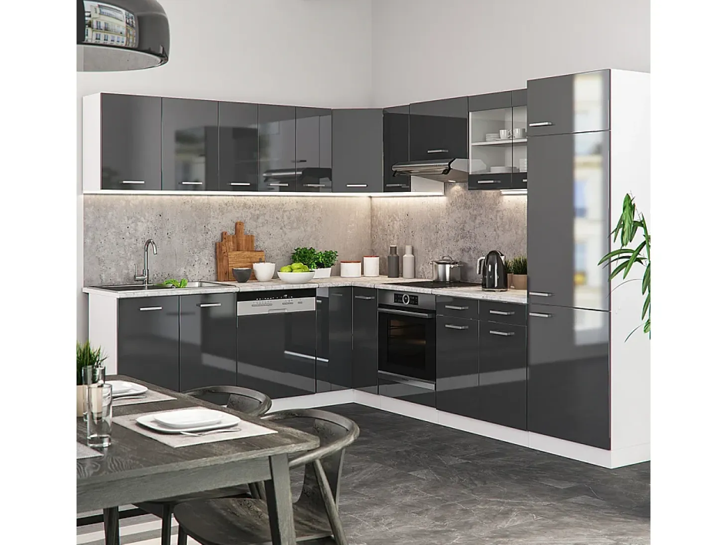 Cocina esquinera antracita brillo intenso/blanco 287x60x81.6 r-line