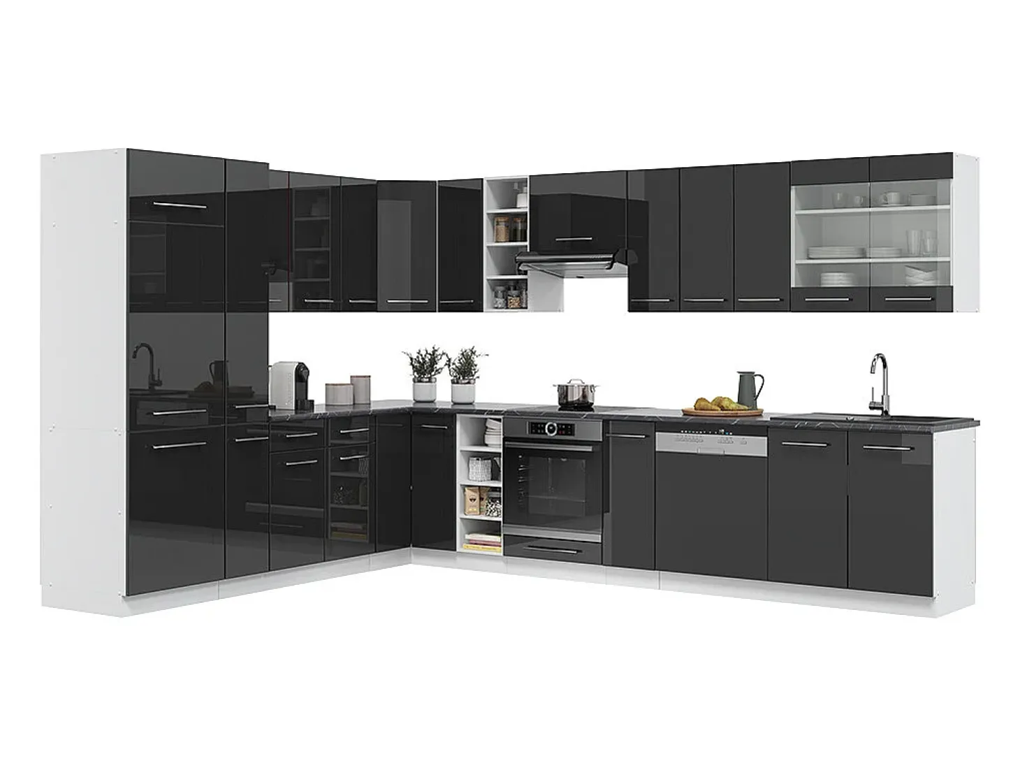 Cocina esquinera antracita brillo intenso/blanco 347x60x81.6 fame-line