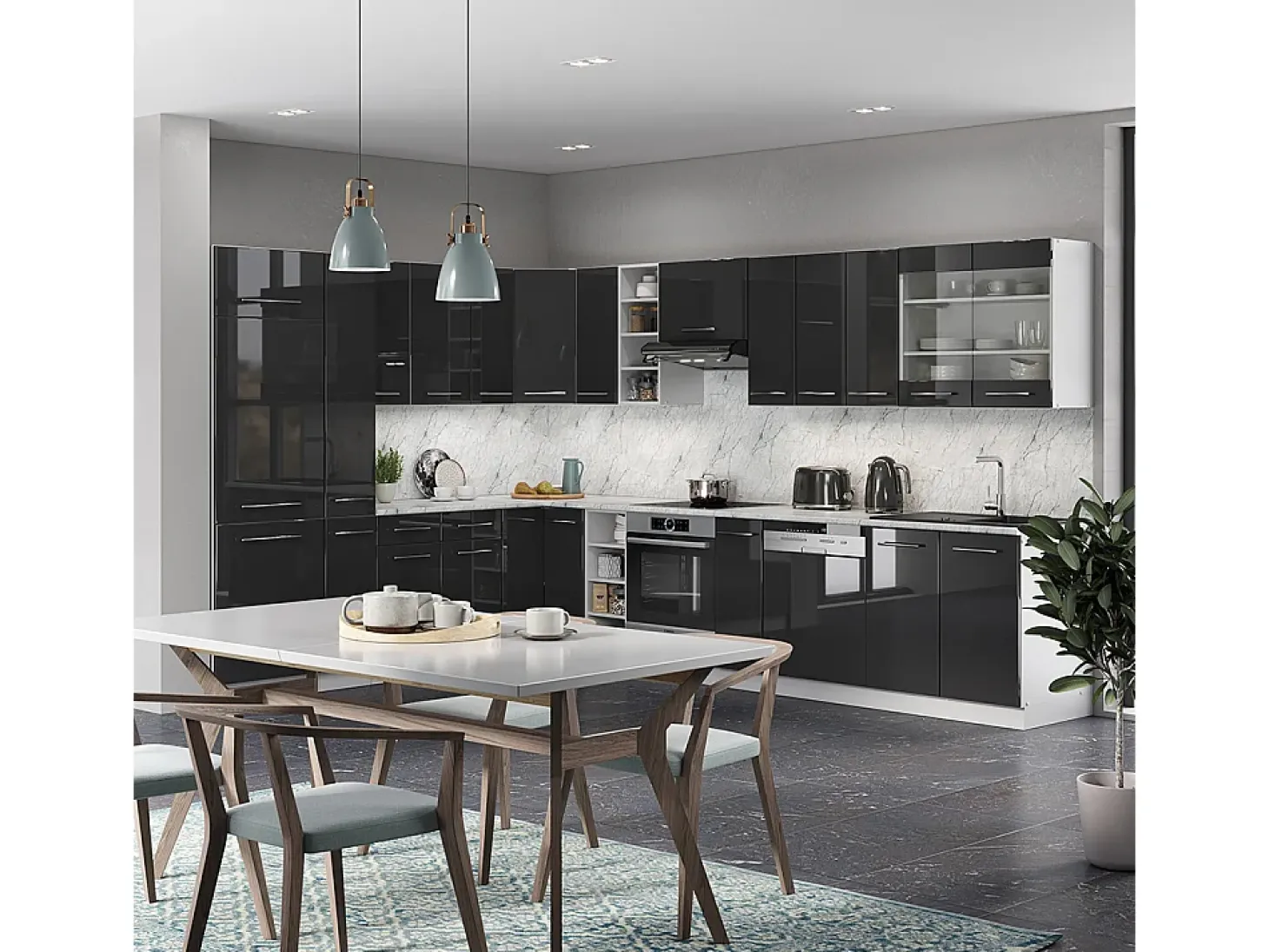 Cocina esquinera antracita brillo intenso/blanco 347x60x81.6 fame-line