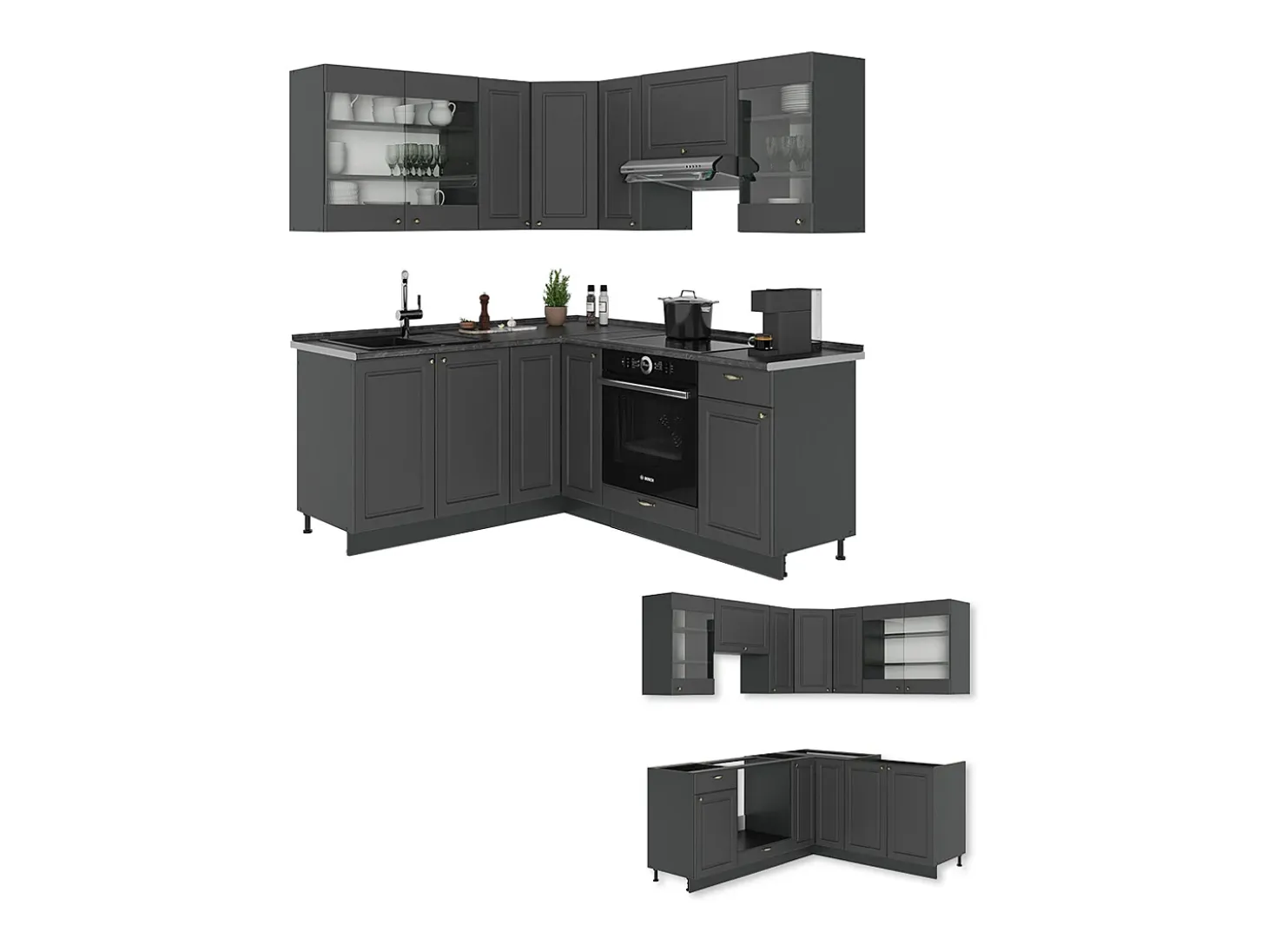 Cocina esquinera antracita-oro landhaus 190x60x81.6 fame-line