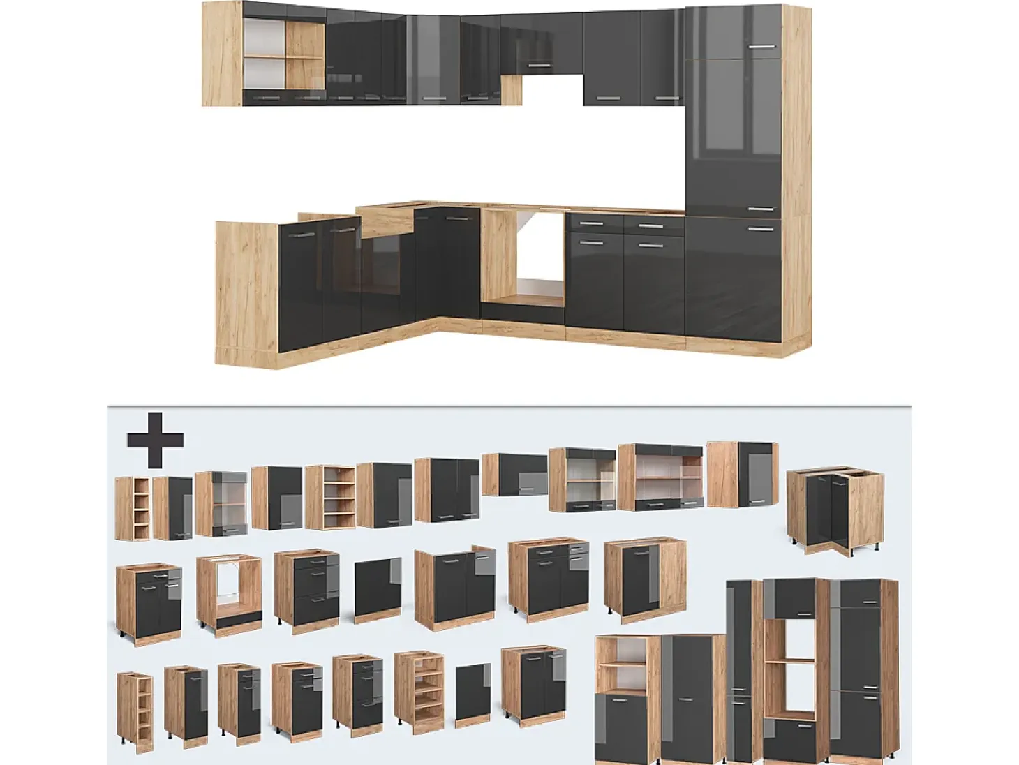 Cocina esquinera antracita brillo intenso/roble dorado eléctrico 287x46x81.6 r-line