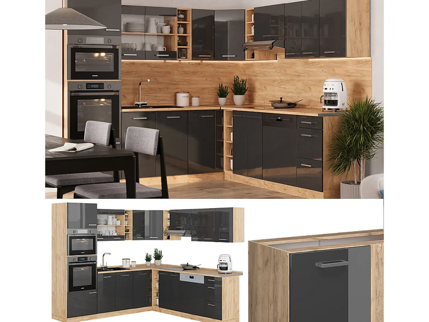 Cocina esquinera antracita brillo intenso/roble dorado eléctrico 247x60x81.6 r-line