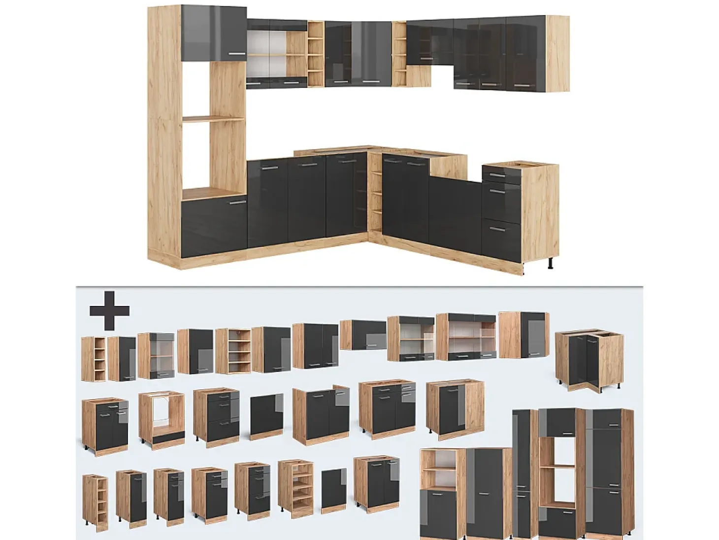 Cocina esquinera antracita brillo intenso/roble dorado eléctrico 247x60x81.6 r-line