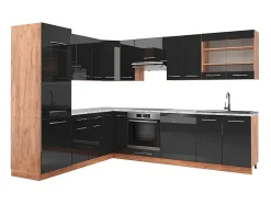 Cocina esquinera antracita brillo intenso/roble dorado eléctrico 227x60x81.6 fame-line