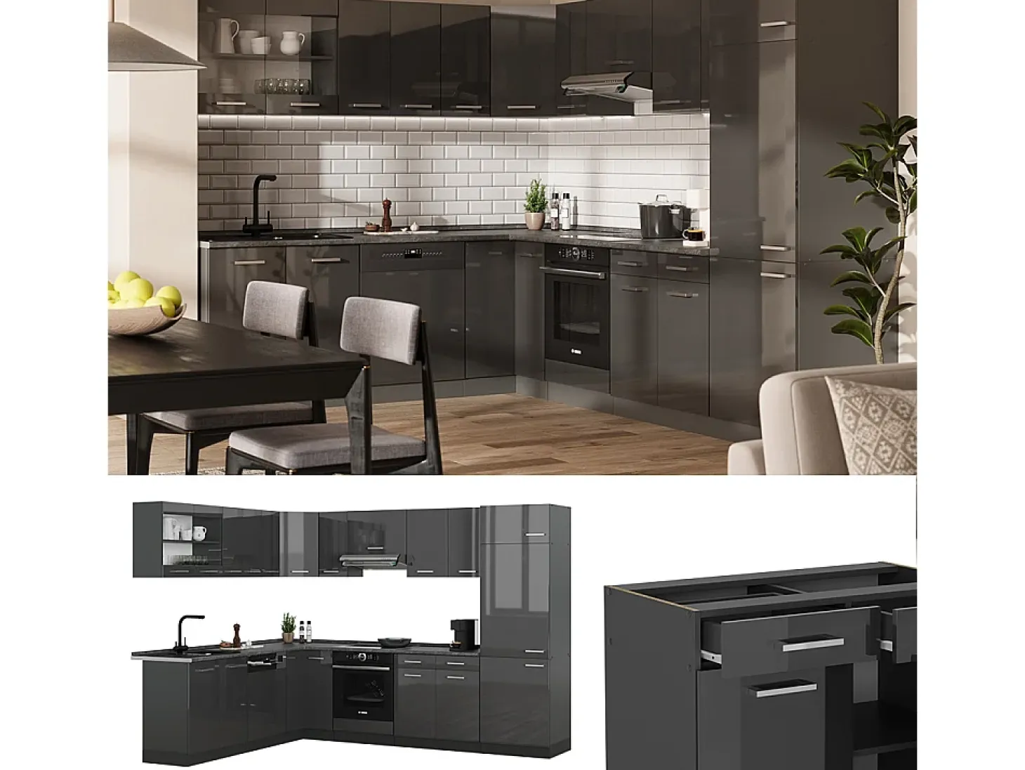 Cocina esquinera antracita brillo intenso/antracita 287x60x81.6 r-line