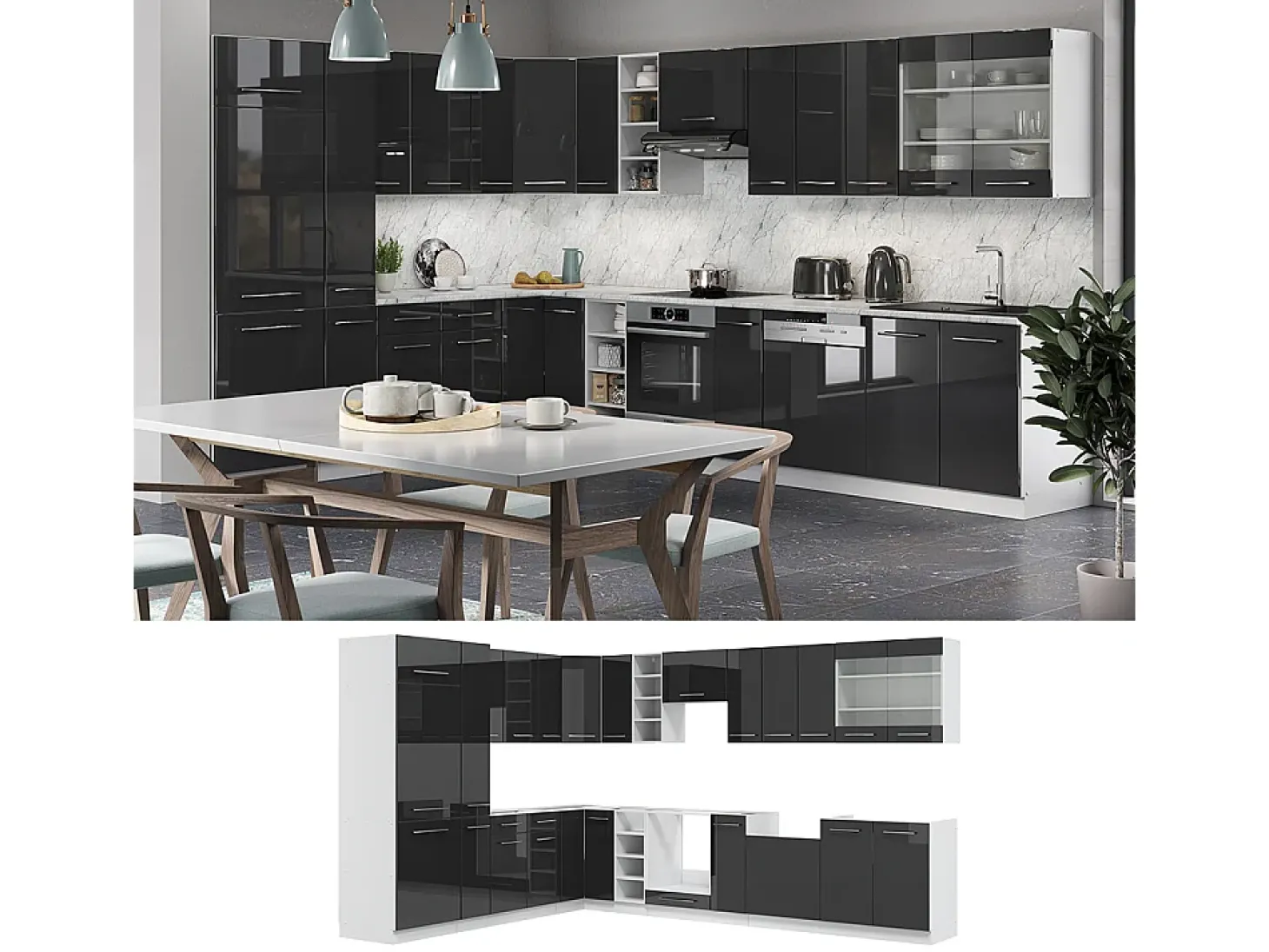 Cocina esquinera antracita brillo intenso/blanco 347x60x81.6 fame-line
