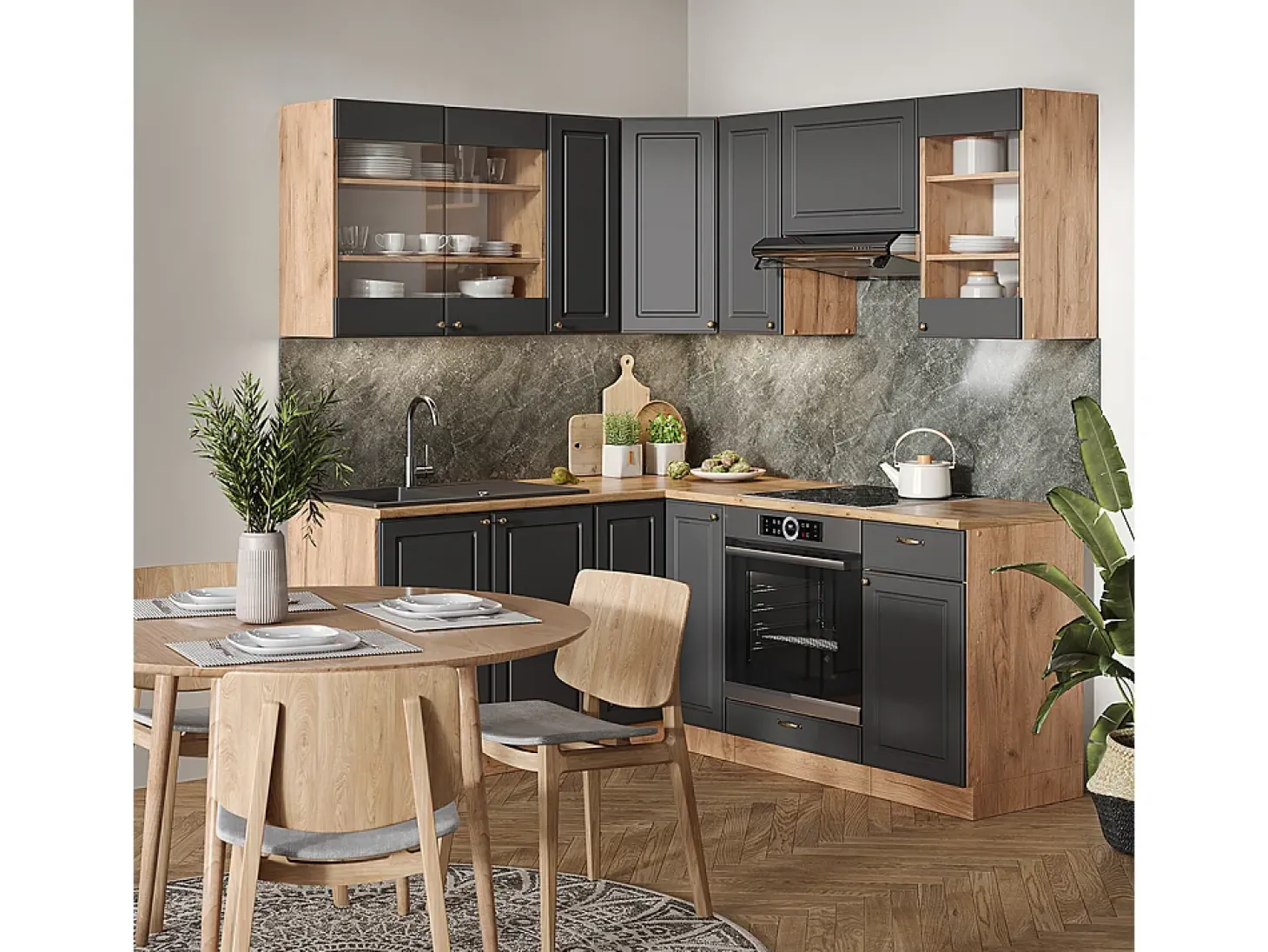 Cocina esquinera antracita casa de campo/roble kraft dorado 190x46x81.6 fame-line