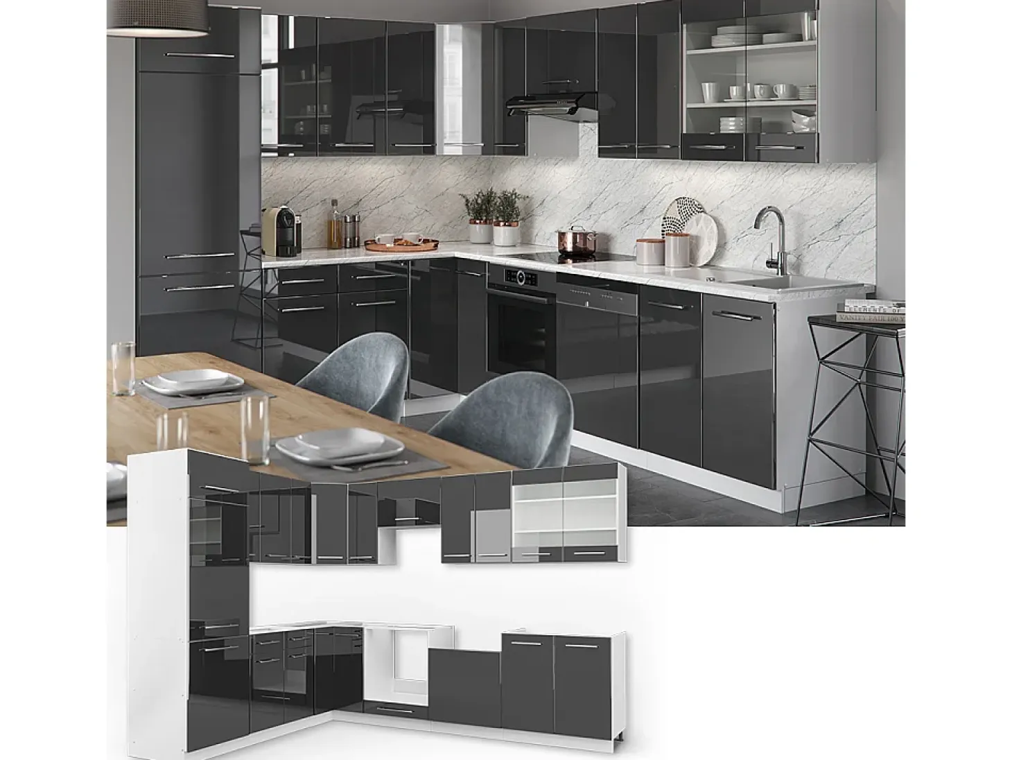 Cocina esquinera antracita alto brillo 287x46x81.6 fame-line
