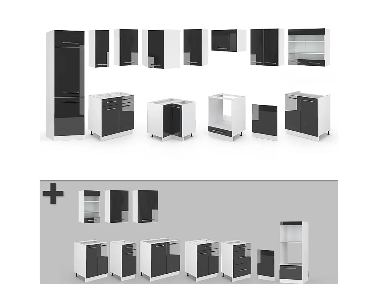 Cocina esquinera antracita alto brillo 287x46x81.6 fame-line