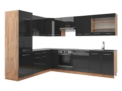 Cocina esquinera antracita brillo intenso/roble dorado eléctrico 227x60x81.6 fame-line