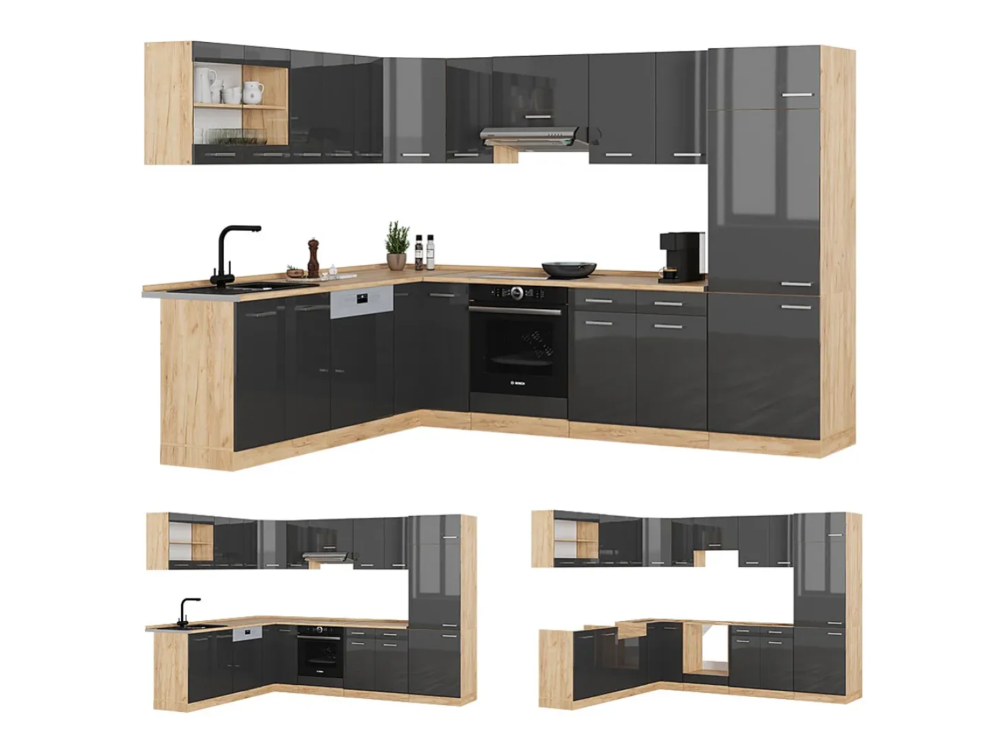 Cocina esquinera antracita brillo intenso/roble dorado eléctrico 287x60x81.6 r-line