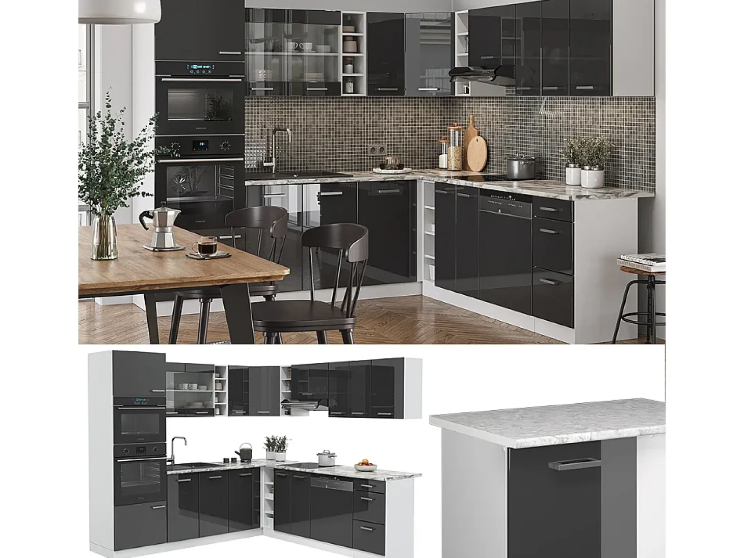 Cocina esquinera antracita brillo intenso/blanco 247x60x81.6 r-line