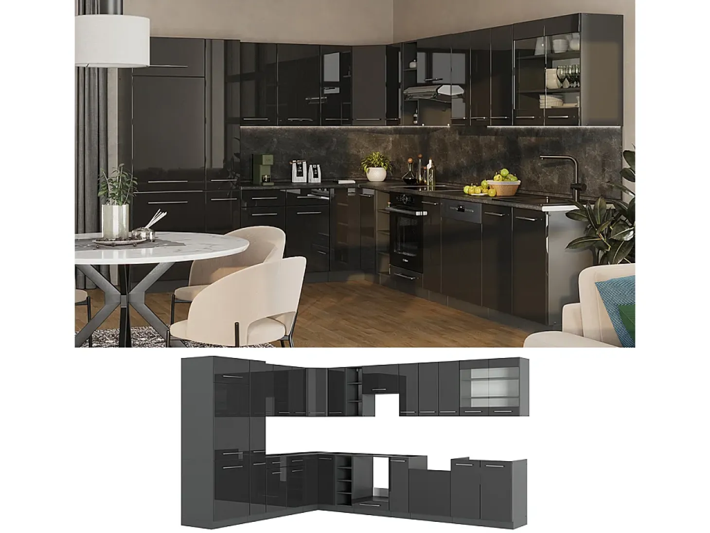 Cocina esquinera antracita alto brillo 347x60x81.6 fame-line
