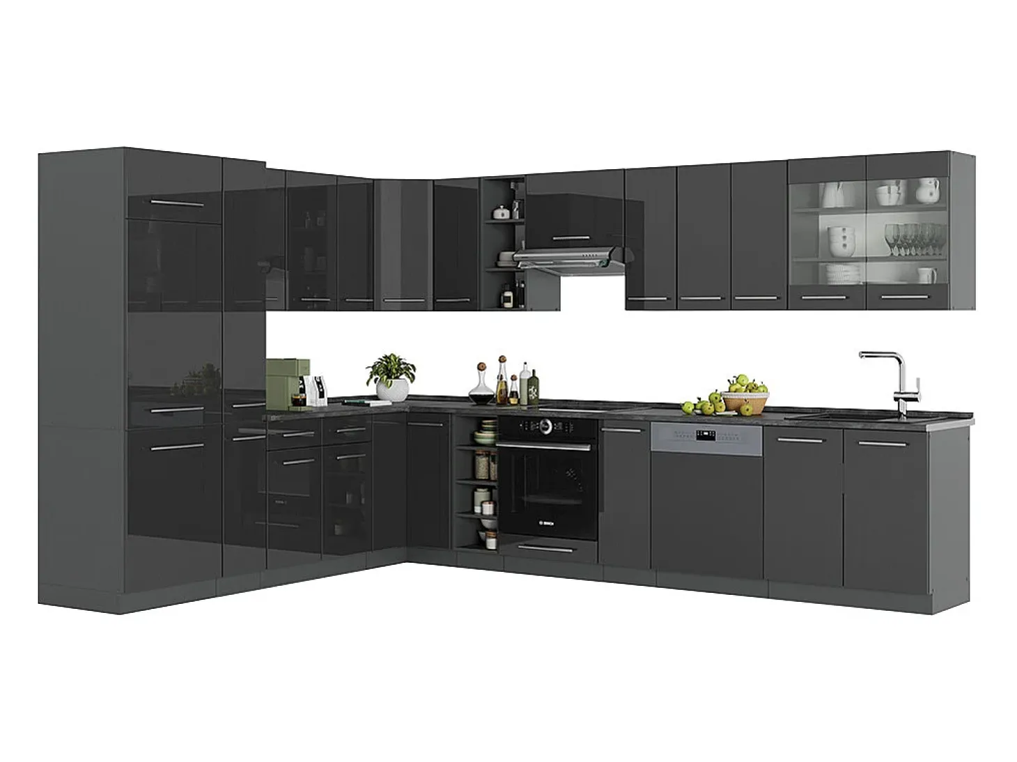 Cocina esquinera antracita alto brillo 347x60x81.6 fame-line