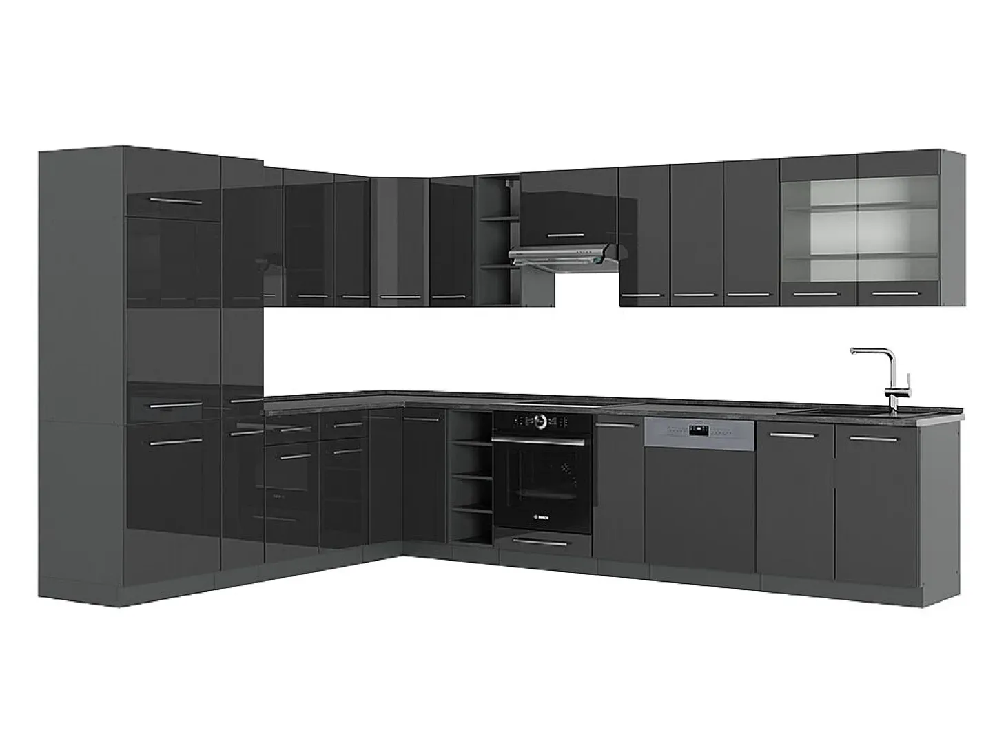 Cocina esquinera antracita alto brillo 347x60x81.6 fame-line