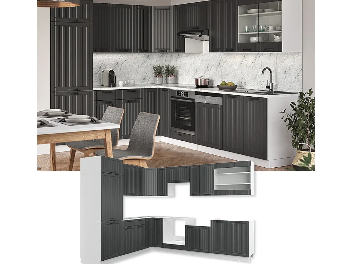 Cocina esquinera antracita casa de campo/blanco 287x46x81.6 fame-line