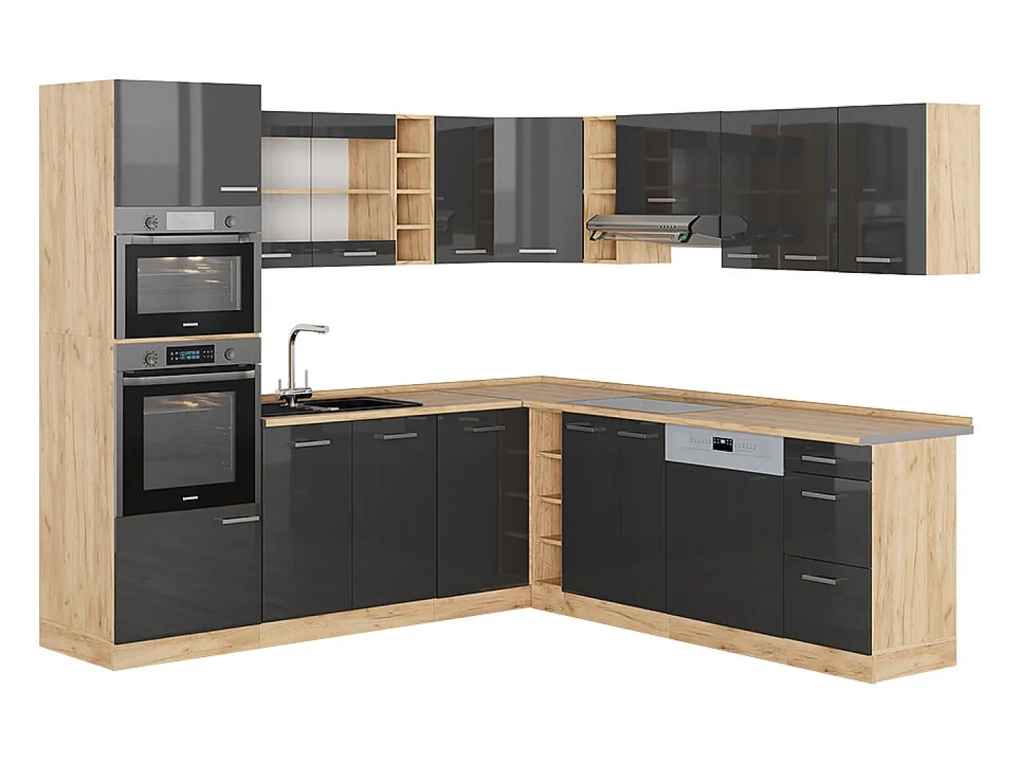 Cocina esquinera antracita brillo intenso/roble dorado eléctrico 247x46x81.6 r-line