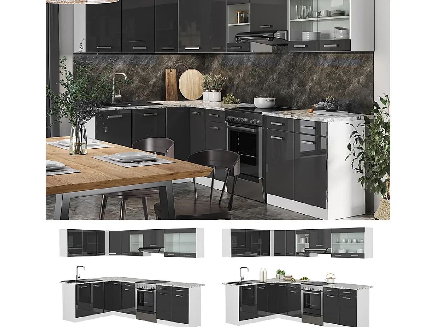 Cocina esquinera antracita brillo intenso/blanco 270x60x81.6 rick