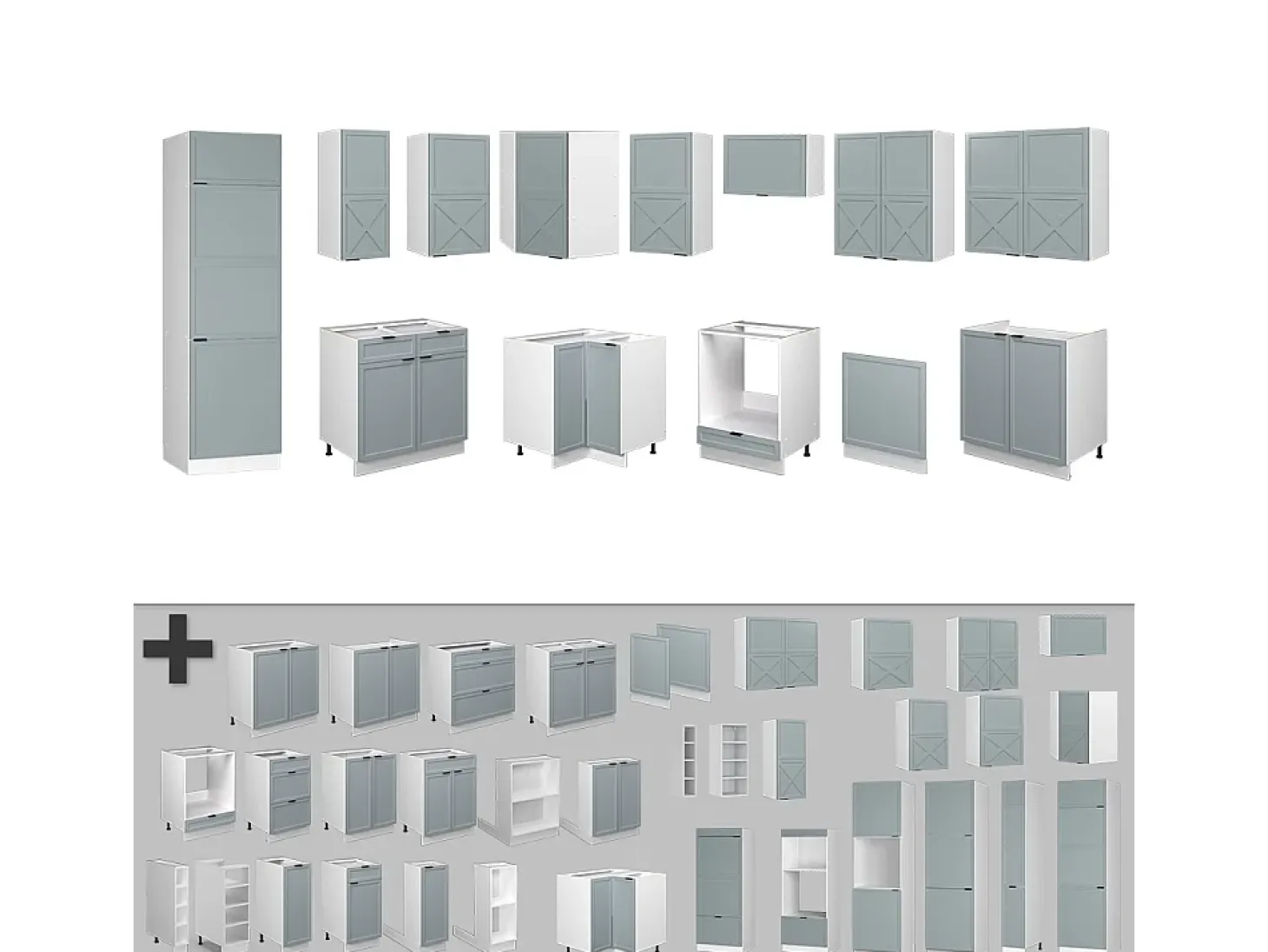 Cocina esquinera azul claro-gris-blanco 287x60x81.6 fame-line