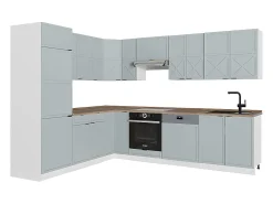 Cocina esquinera azul claro-gris-blanco 287x60x81.6 fame-line