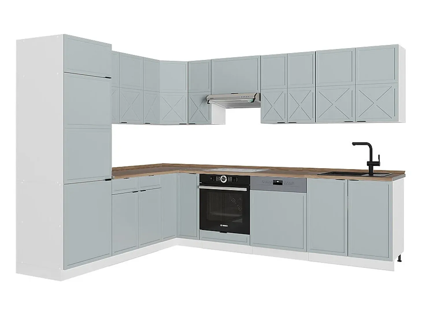 Cocina esquinera azul claro-gris-blanco 287x60x81.6 fame-line