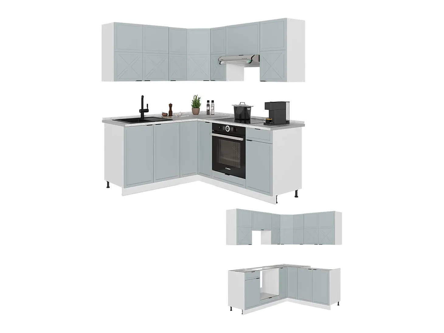 Cocina esquinera azul claro-gris-blanco 190x46x81.6 fame-line