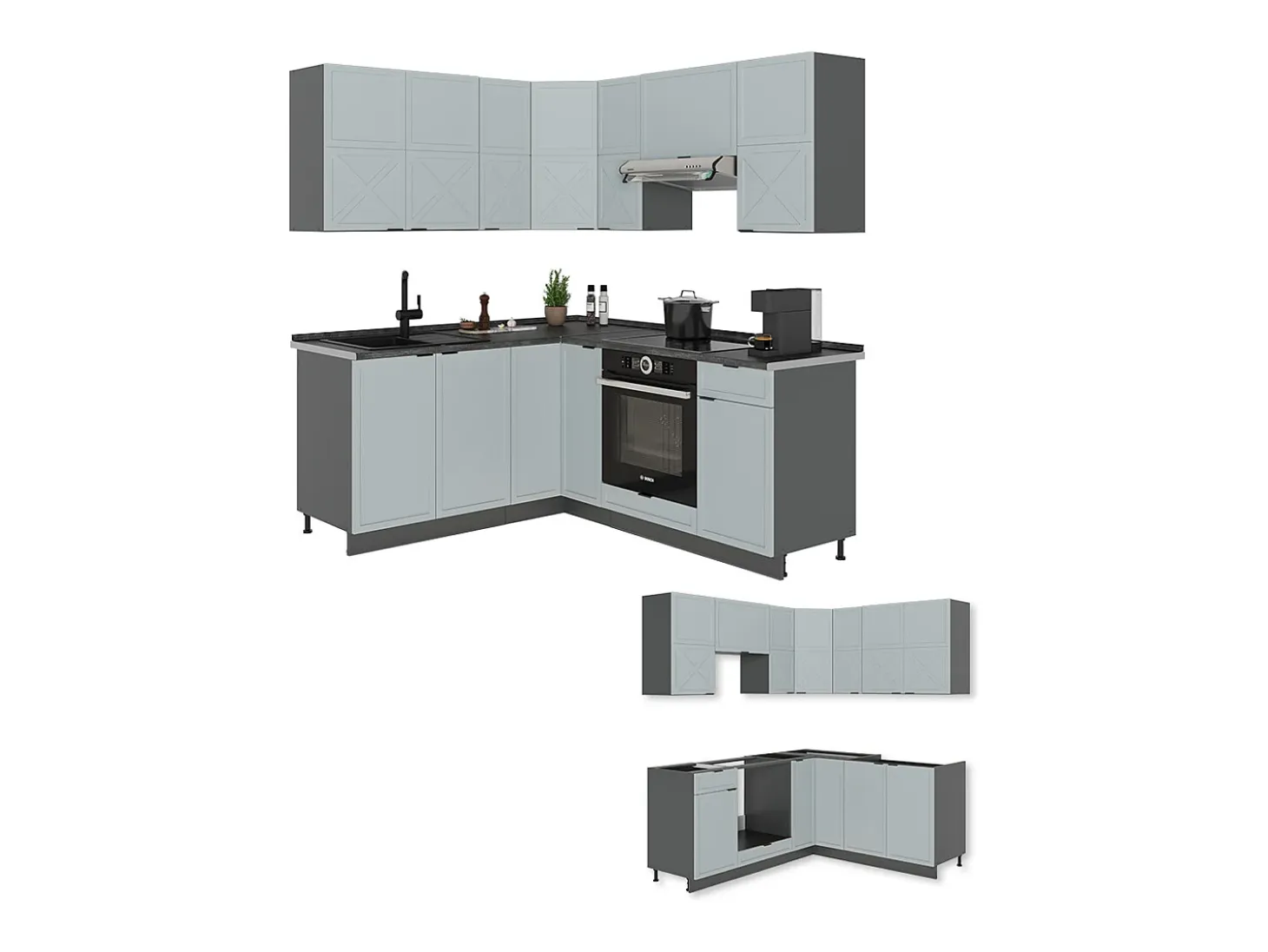 Cocina esquinera azul claro/gris antracita 190x60x81.6 fame-line