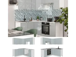 Cocina esquinera azul claro-gris-blanco 190x60x81.6 fame-line