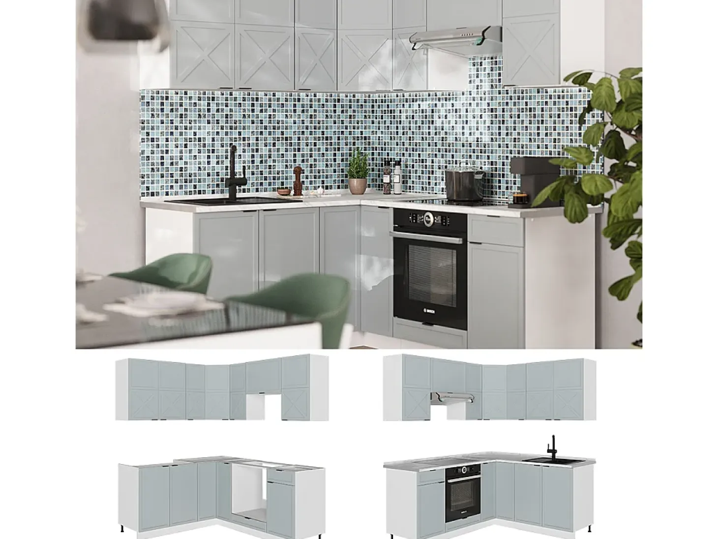 Cocina esquinera azul claro-gris-blanco 190x60x81.6 fame-line