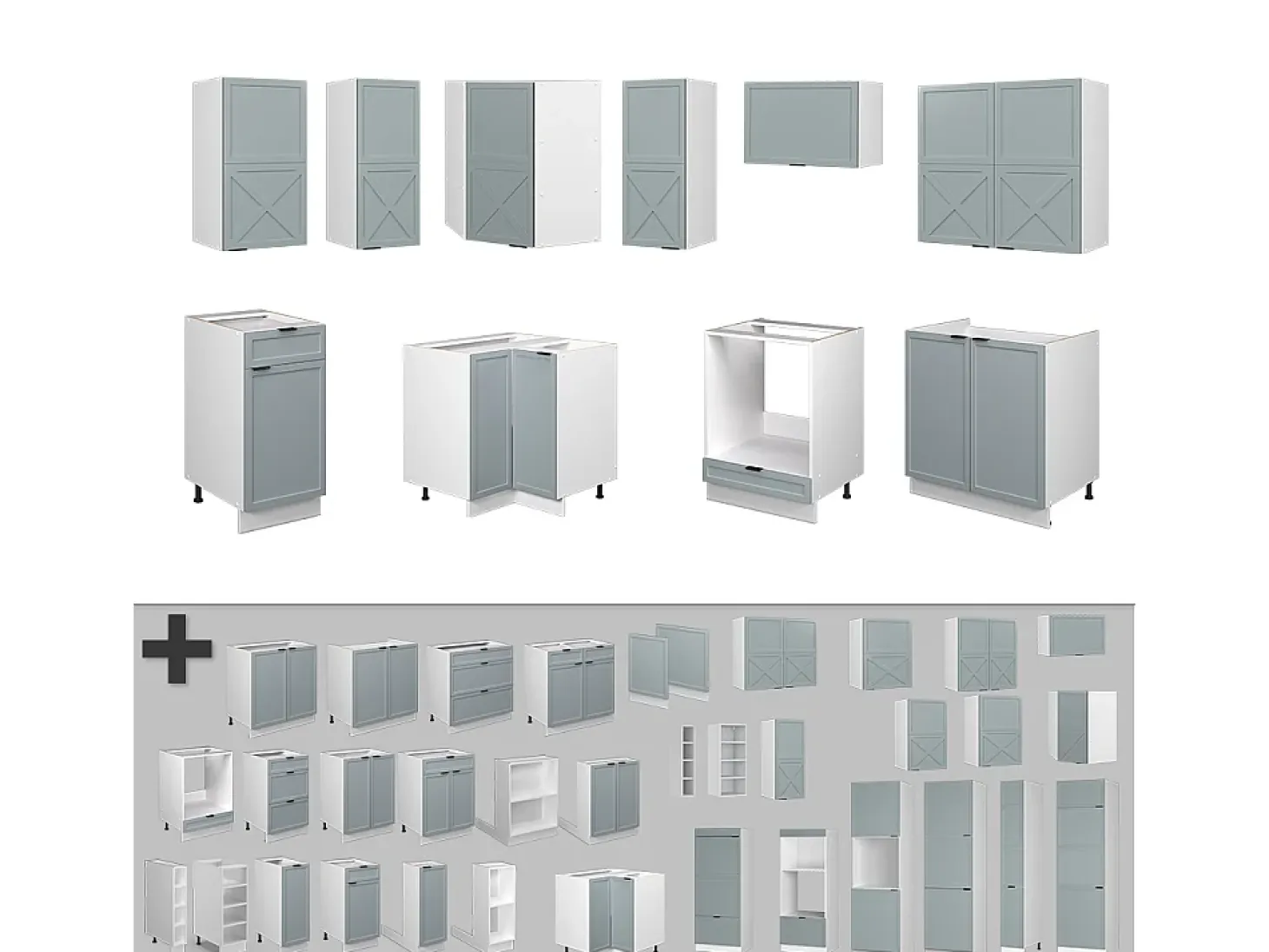 Cocina esquinera azul claro-gris-blanco 190x60x81.6 fame-line