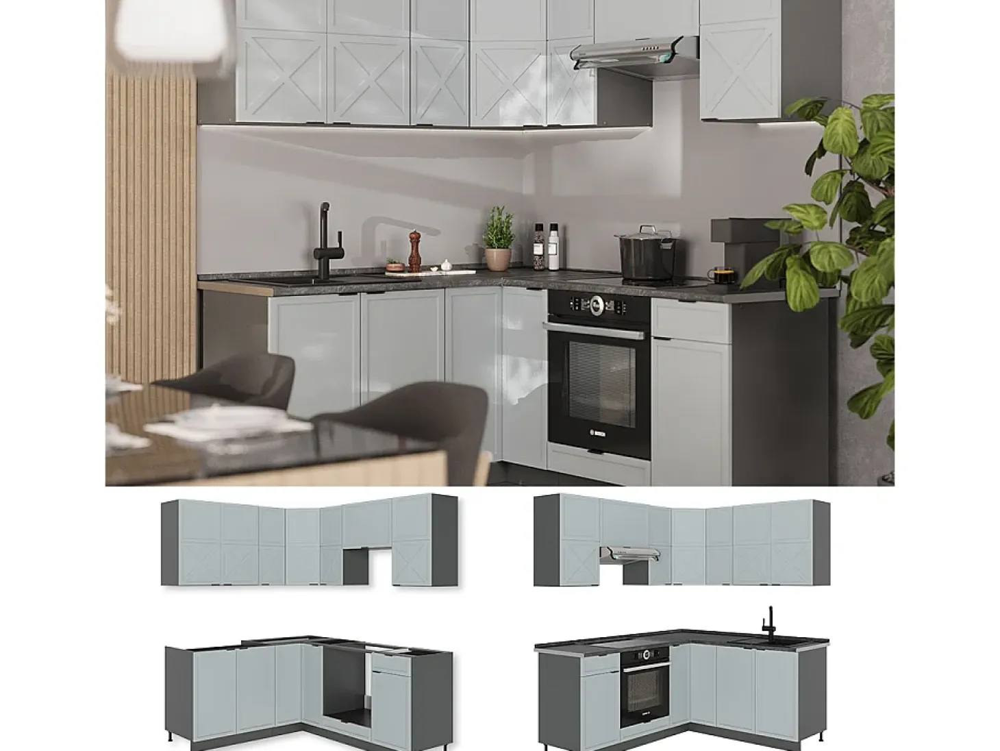 Cocina esquinera azul claro/gris antracita 190x60x81.6 fame-line