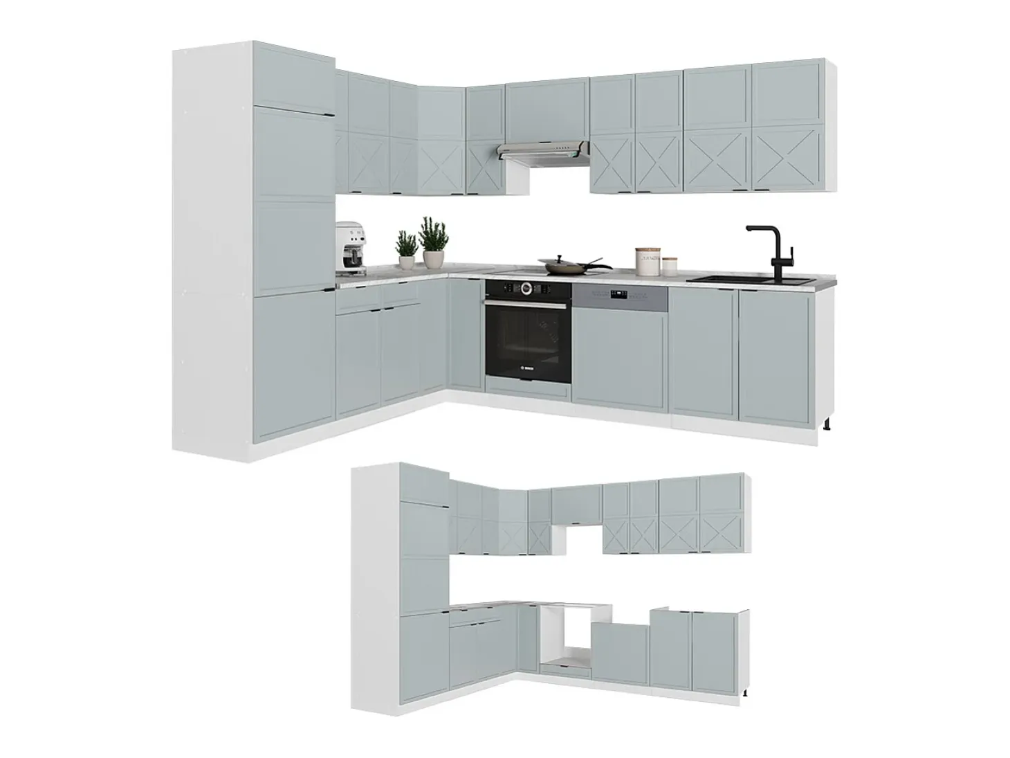 Cocina esquinera azul claro-gris-blanco 287x46x81.6 fame-line