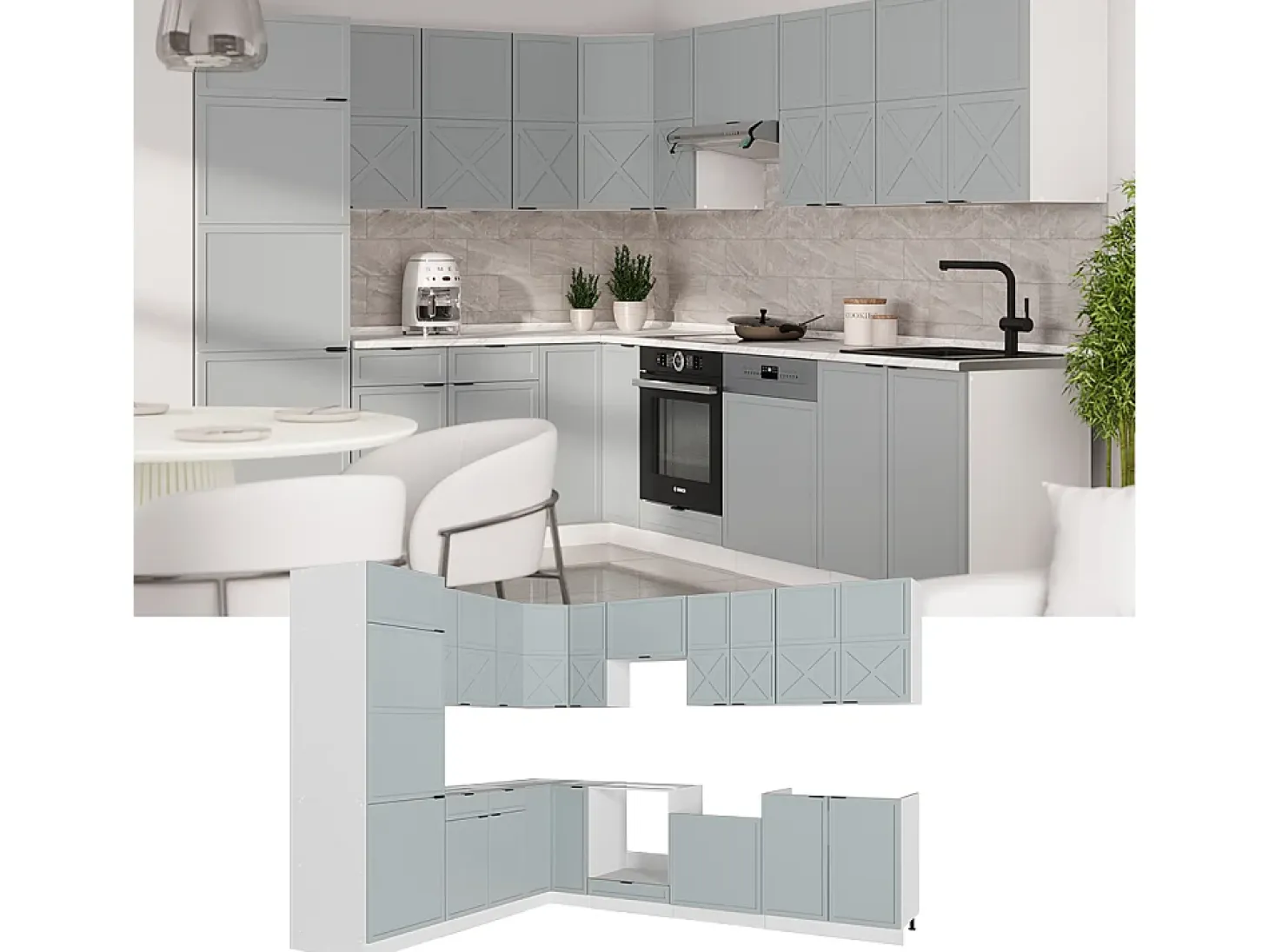 Cocina esquinera azul claro-gris-blanco 287x46x81.6 fame-line