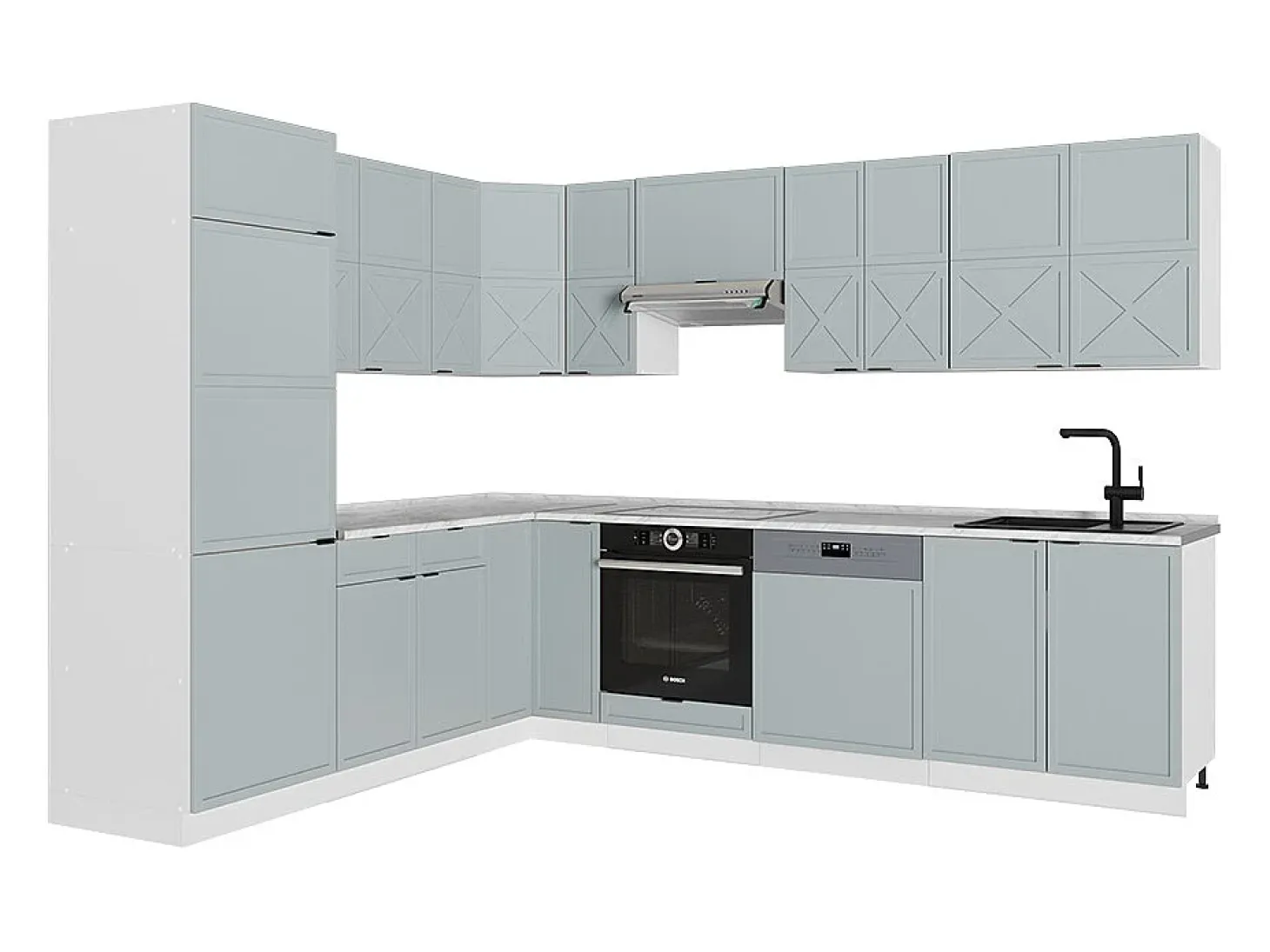 Cocina esquinera azul claro-gris-blanco 287x46x81.6 fame-line