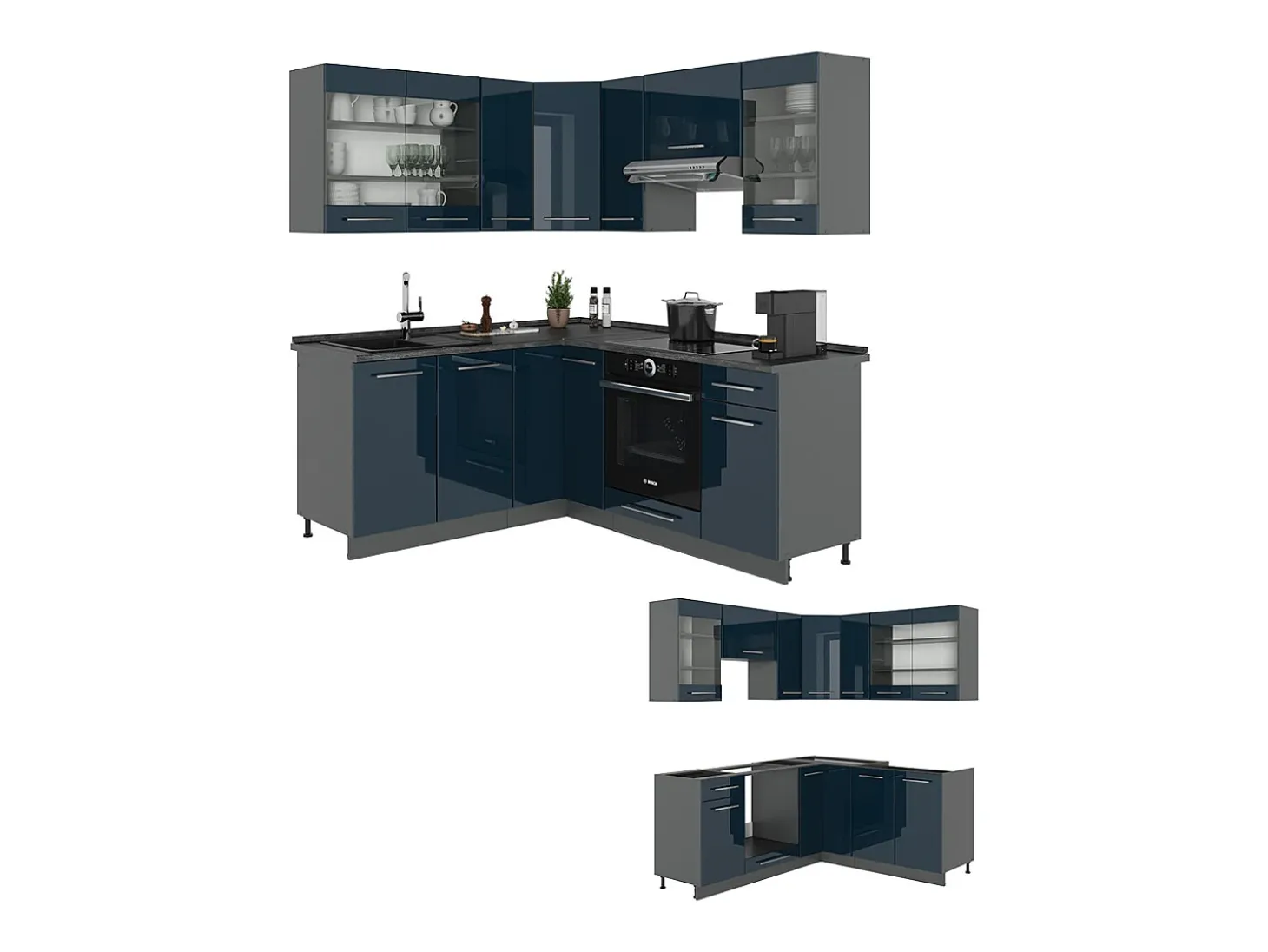 Cocina esquinera azul oscuro alto brillo/antracita 190x60x81.6 fame-line