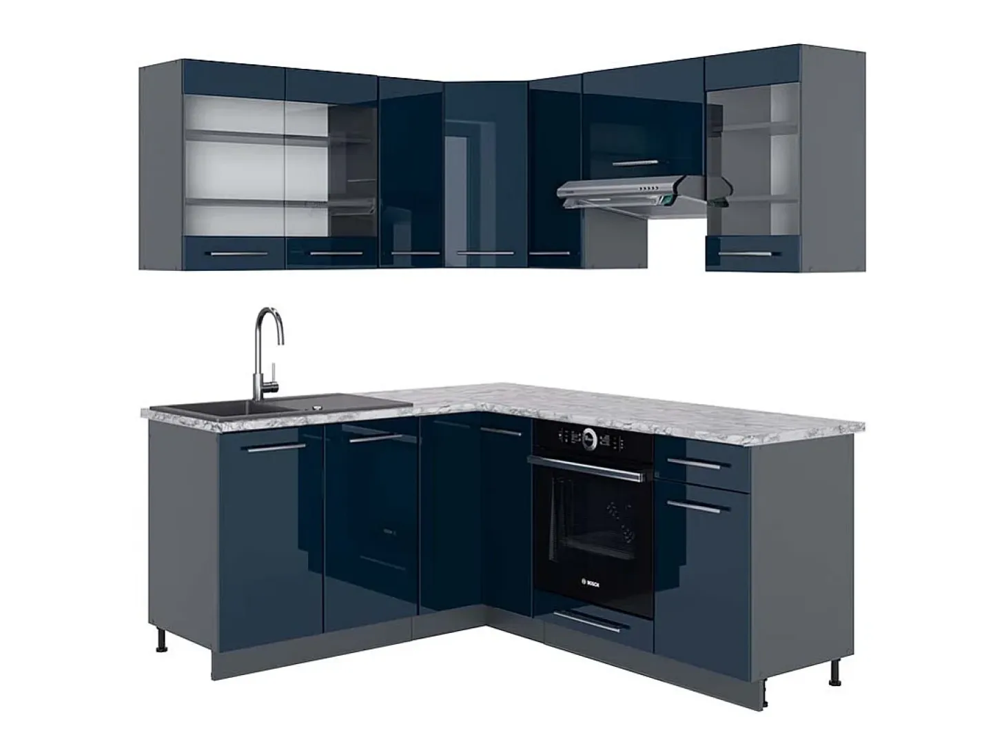 Cocina esquinera azul oscuro alto brillo/antracita 190x60x81.6 fame-line