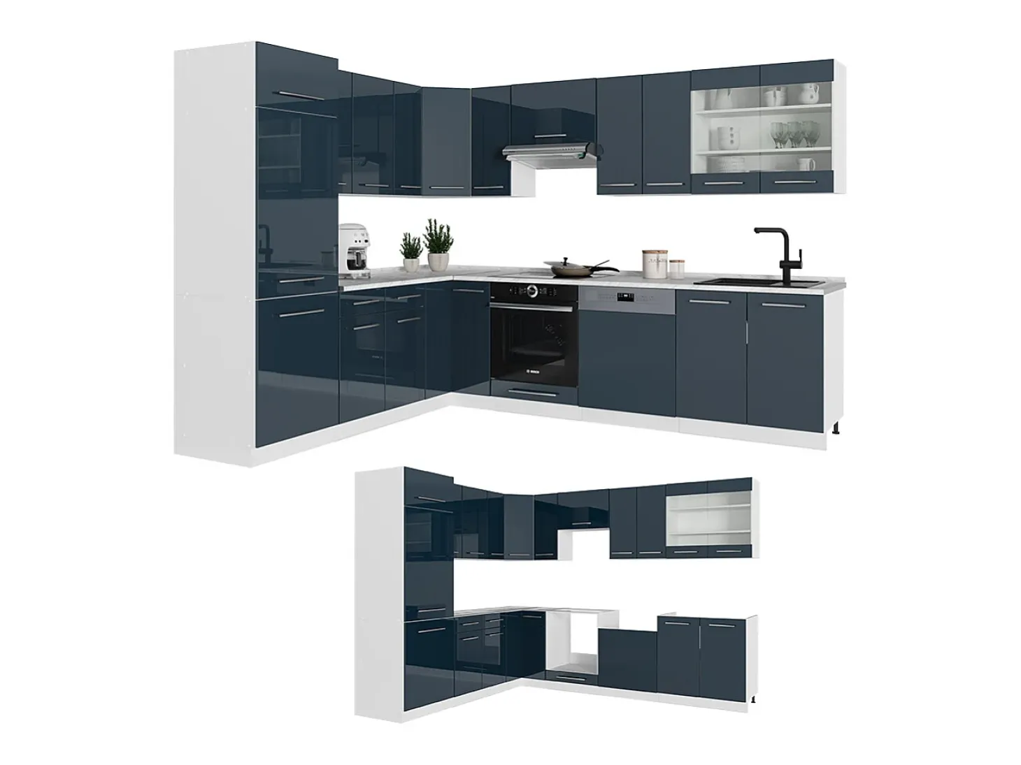 Cocina esquinera azul oscuro alto brillo/blanco 287x60x81.6 fame-line