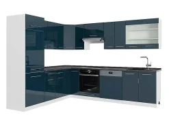 Cocina esquinera azul oscuro alto brillo/blanco 287x60x81.6 fame-line
