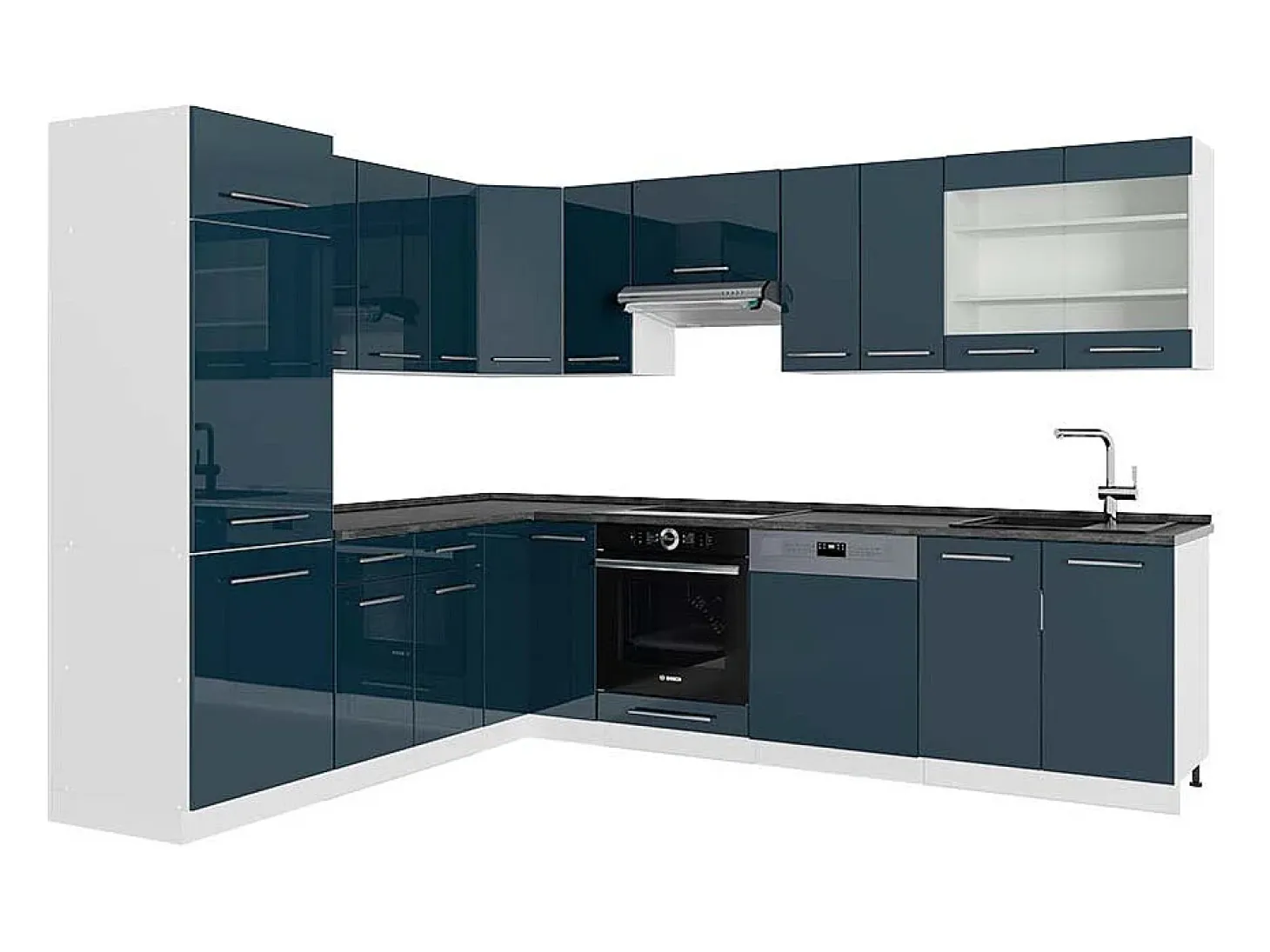 Cocina esquinera azul oscuro alto brillo/blanco 287x60x81.6 fame-line